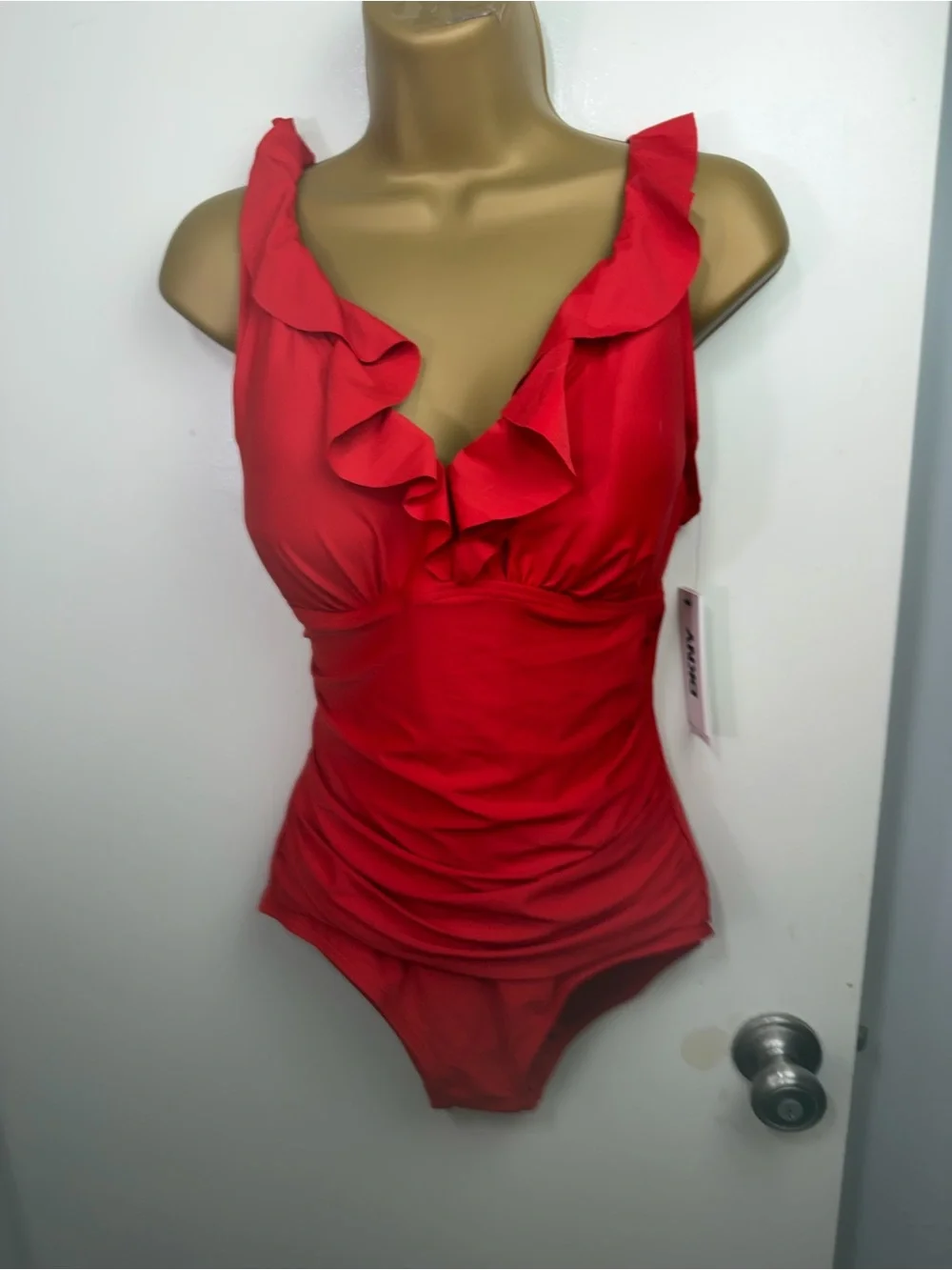 DKNY Red Ruffle Plunge Soft Cups Slimming Tummy Control One Piece Swimsuit NWT M - Picture 5 of 16